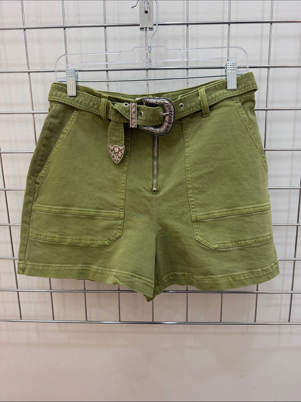 Olive Utility Denim Shorts with Statement Belt
